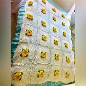 Hand Crocheted Yellow Rose white granny square AFGHAN Throw blanket 58 x  68 in